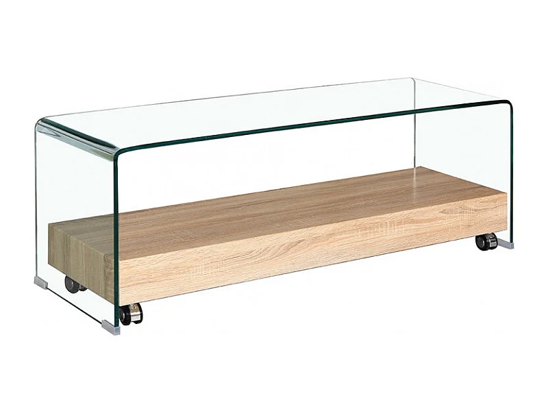 Meuble TV 130 cm verre trempé caisson décor chêne sur roulettes - ICE