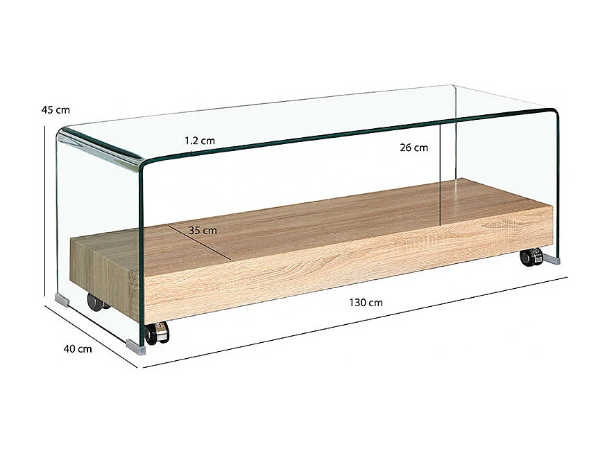 Meuble TV 130 cm verre trempé caisson décor chêne sur roulettes - ICE