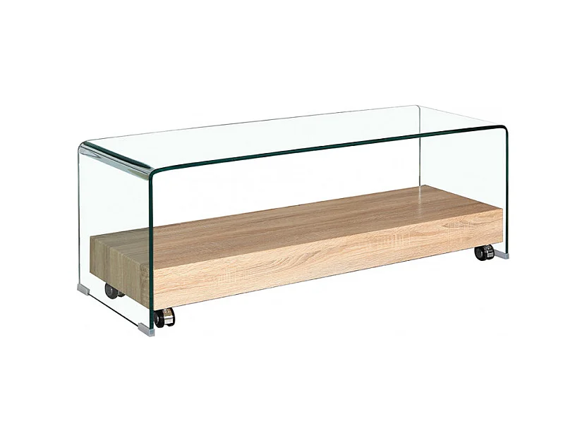 Meuble TV 130 cm verre trempé caisson décor chêne sur roulettes - ICE