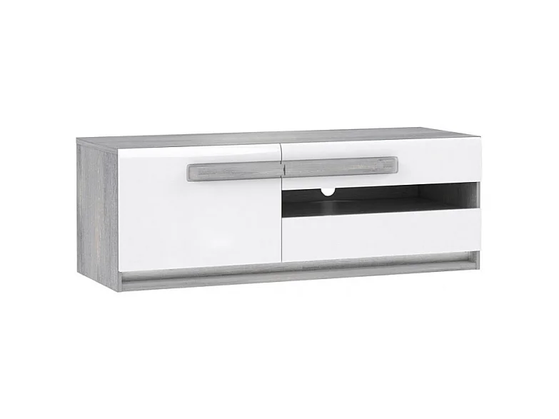Meuble TV 160 cm 1 porte 2 tiroirs blanc et décor bois gris - ALEXIANE