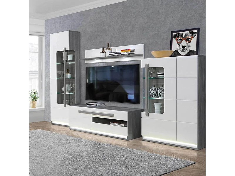 Meuble TV 160 cm 1 porte 2 tiroirs blanc et décor bois gris - ALEXIANE
