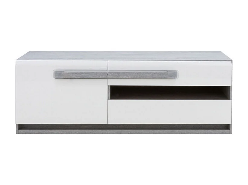 Meuble TV 160 cm 1 porte 2 tiroirs blanc et décor bois gris - ALEXIANE