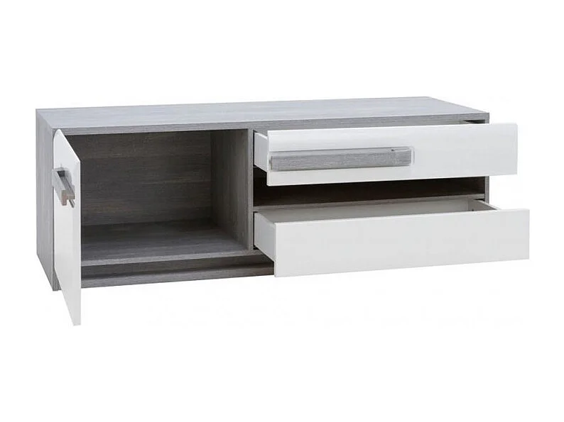 Meuble TV 160 cm 1 porte 2 tiroirs blanc et décor bois gris - ALEXIANE