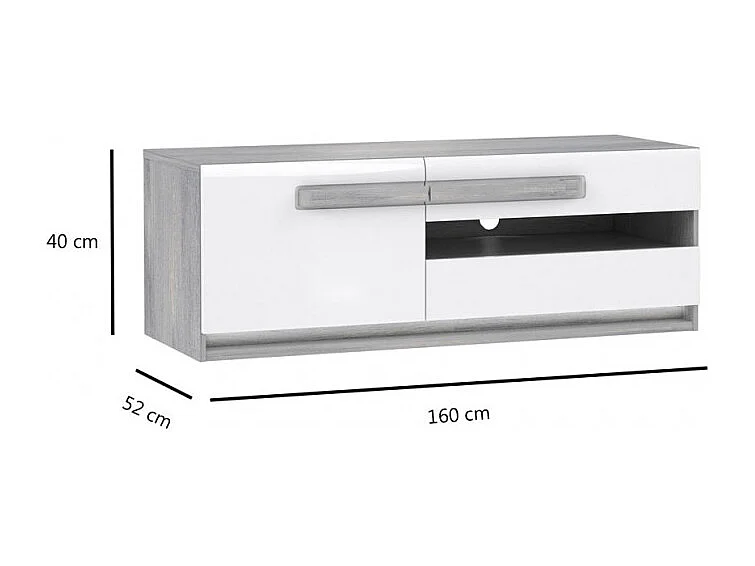 Meuble TV 160 cm 1 porte 2 tiroirs blanc et décor bois gris - ALEXIANE