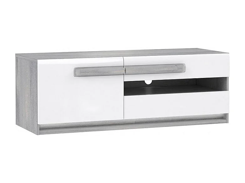 Meuble TV 160 cm 1 porte 2 tiroirs blanc et décor bois gris - ALEXIANE