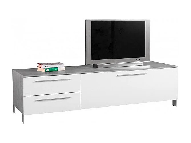 Meuble TV 1 abattant et 2 tiroirs blanc et décor béton - LUDO