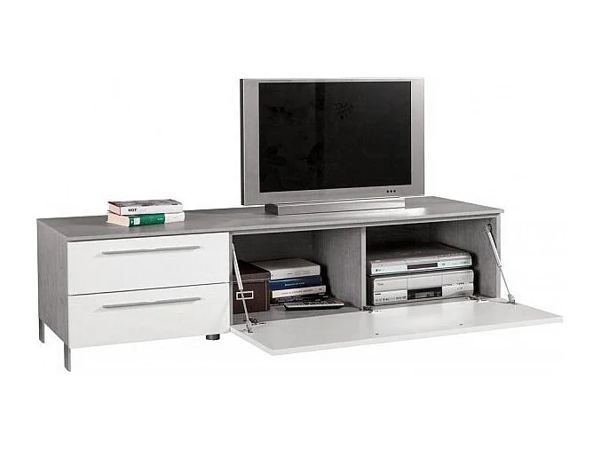 Meuble TV 1 abattant et 2 tiroirs blanc et décor béton - LUDO