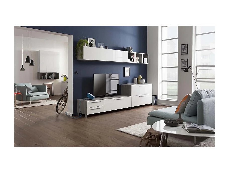 Meuble TV 1 abattant et 2 tiroirs blanc et décor béton - LUDO