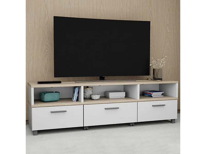 Meuble TV table basse à roulettes décor bois clair et blanc - HELYA