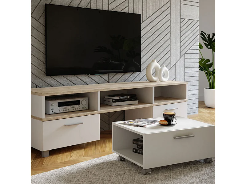 Meuble TV table basse à roulettes décor bois clair et blanc - HELYA