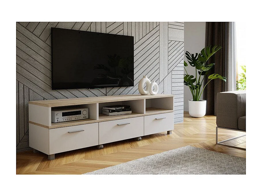 Meuble TV table basse à roulettes décor bois clair et blanc - HELYA