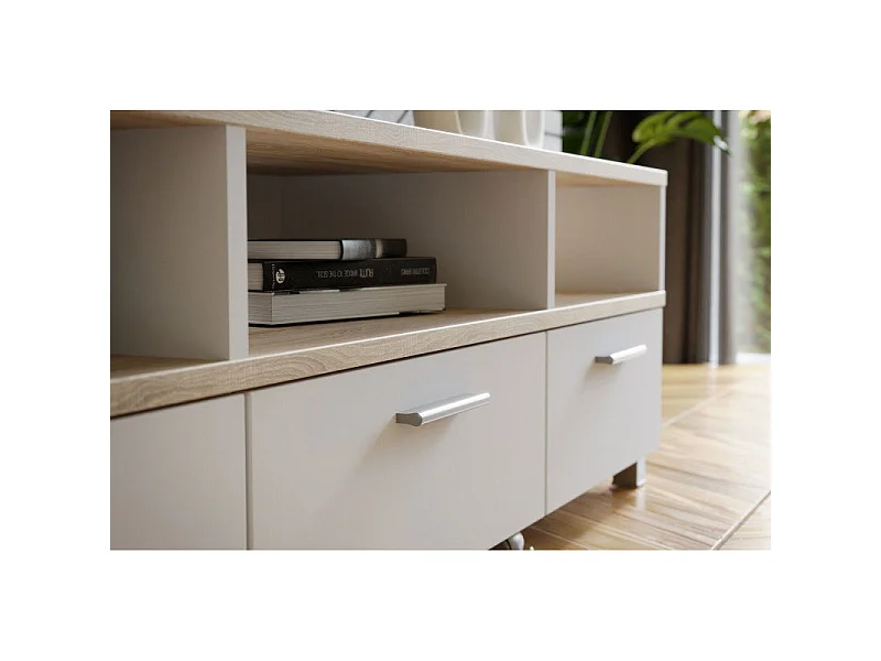Meuble TV table basse à roulettes décor bois clair et blanc - HELYA