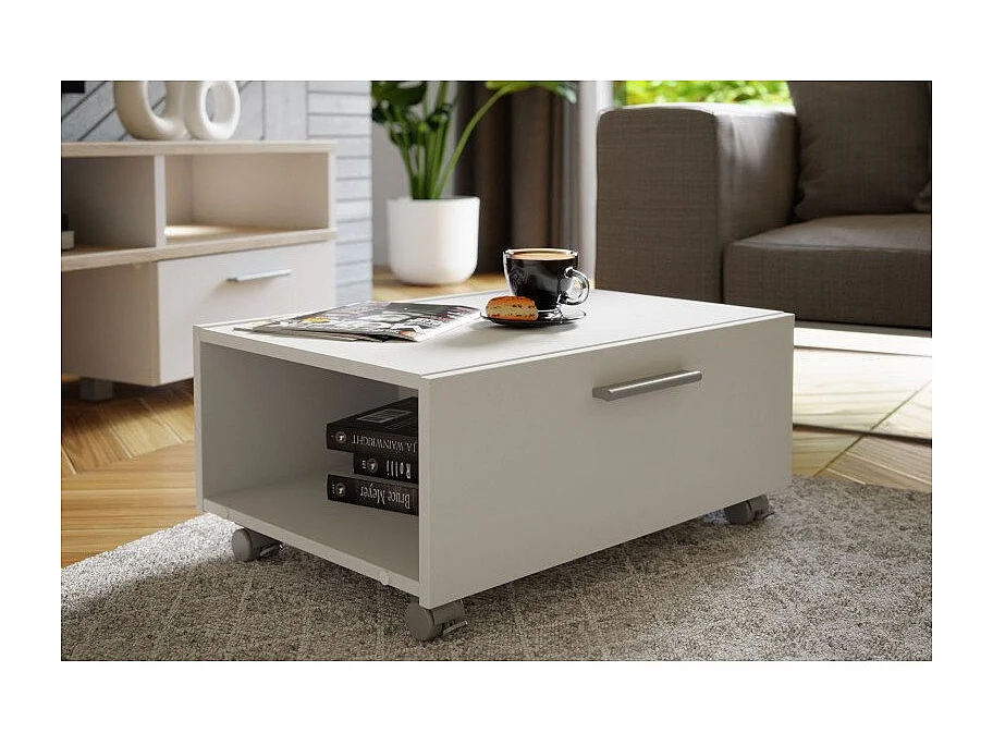 Meuble TV table basse à roulettes décor bois clair et blanc - HELYA