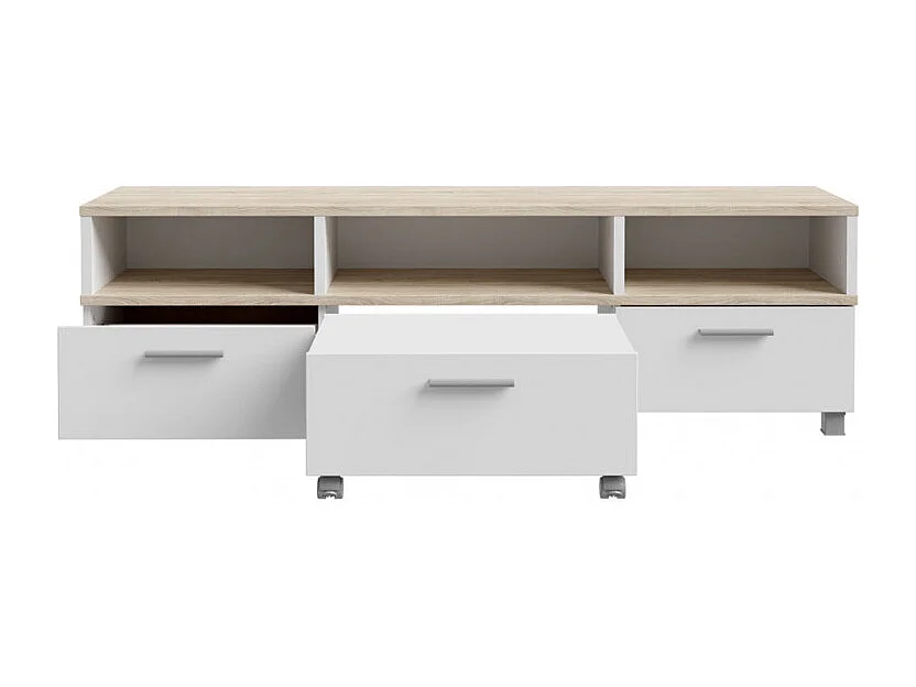 Meuble TV table basse à roulettes décor bois clair et blanc - HELYA