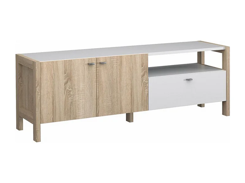 Meuble TV moderne 2 portes et 1 tiroir décor blanc et chêne - NORWAY