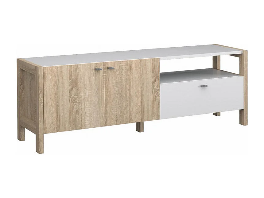 Meuble TV moderne 2 portes et 1 tiroir décor blanc et chêne - NORWAY