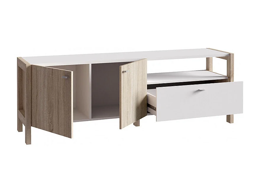 Meuble TV moderne 2 portes et 1 tiroir décor blanc et chêne - NORWAY
