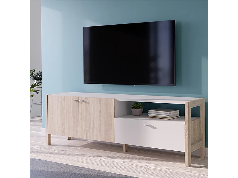 Meuble TV moderne 2 portes et 1 tiroir décor blanc et chêne - NORWAY