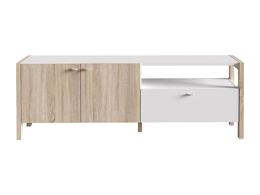 Meuble TV moderne 2 portes et 1 tiroir décor blanc et chêne - NORWAY