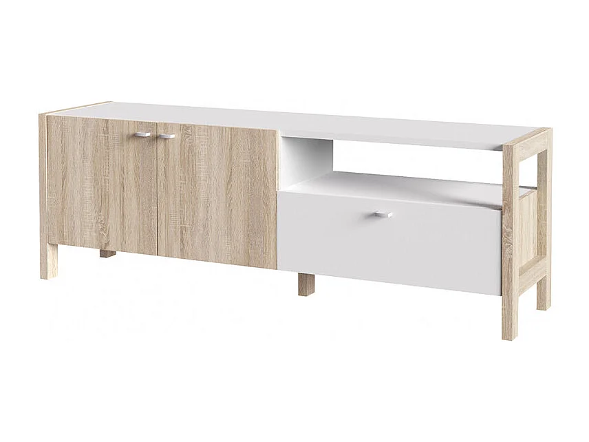 Meuble TV moderne 2 portes et 1 tiroir décor blanc et chêne - NORWAY