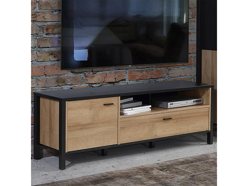 Meuble TV 151 cm décor noir et effet chêne avec poignées noir - MODE