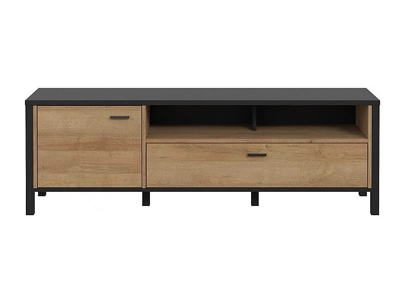 Meuble TV 151 cm décor noir et effet chêne avec poignées noir - MODE