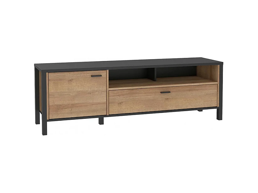 Meuble TV 151 cm décor noir et effet chêne avec poignées noir - MODE