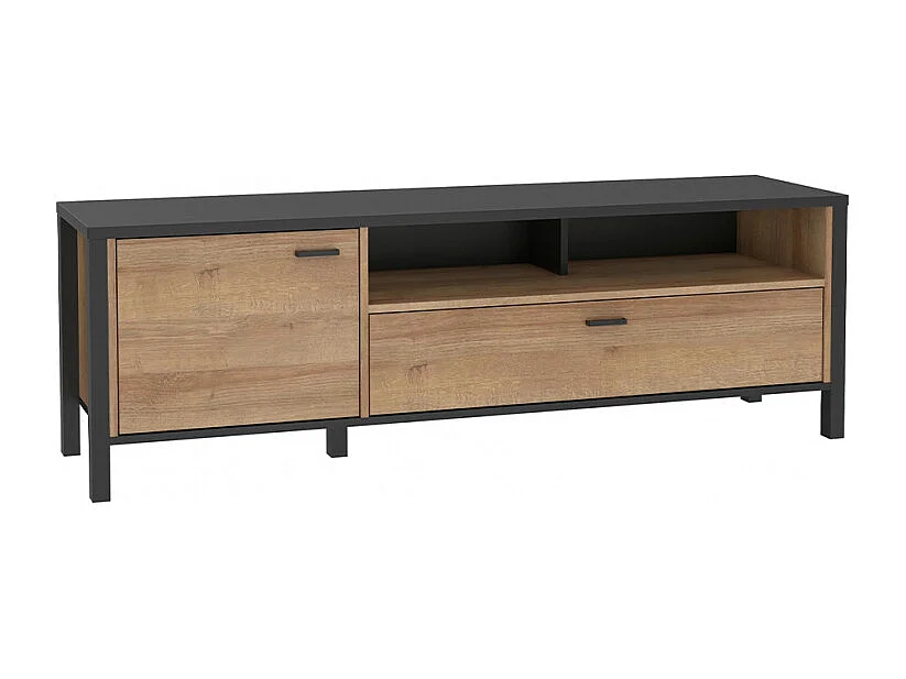 Meuble TV 151 cm décor noir et effet chêne avec poignées noir - MODE