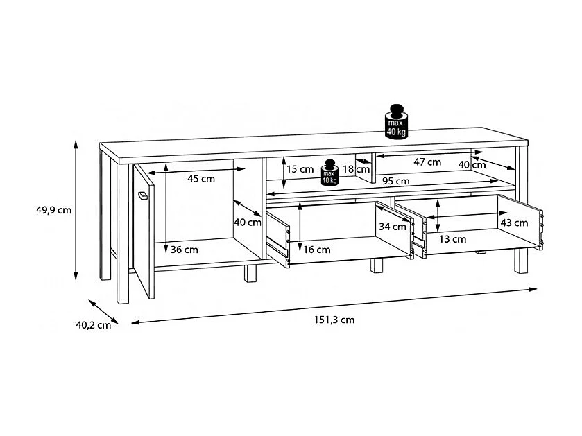 Meuble TV 151 cm décor noir et effet chêne avec poignées noir - MODE