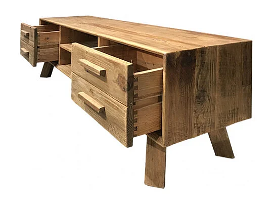 Meuble TV 130 cm en bois massif recyclé 2 niches 2 tiroirs - CHALET