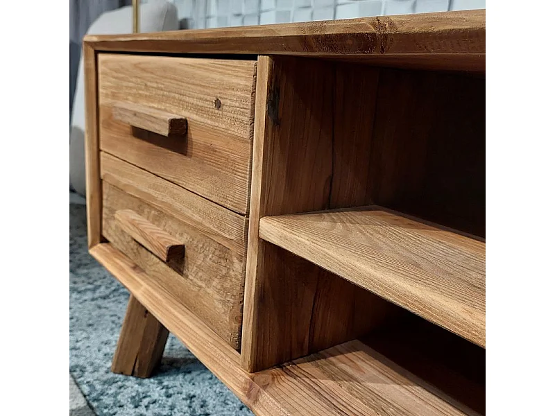 Meuble TV 130 cm en bois massif recyclé 2 niches 2 tiroirs - CHALET