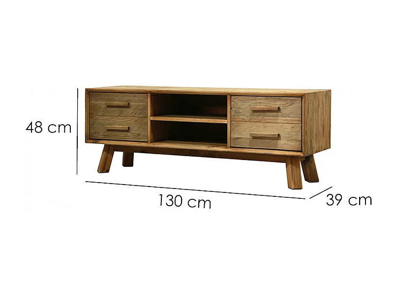 Meuble TV 130 cm en bois massif recyclé 2 niches 2 tiroirs - CHALET