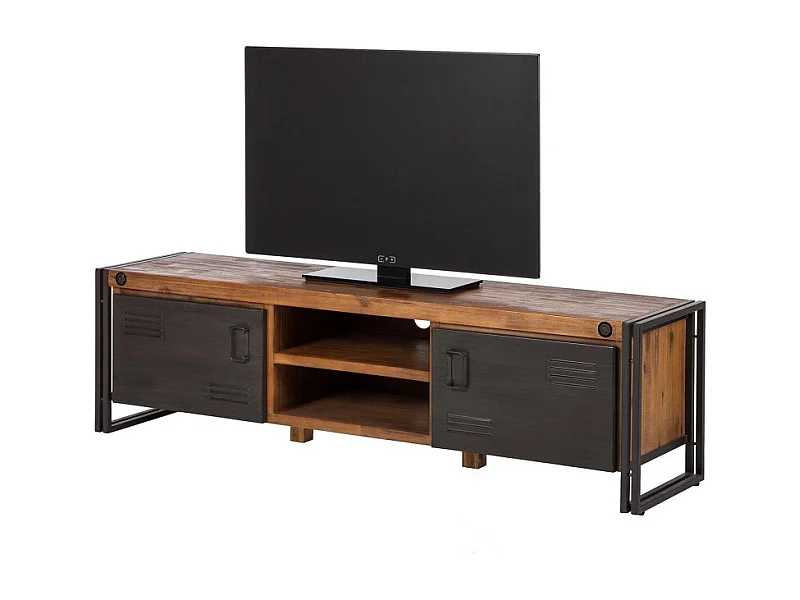 Meuble TV 180 cm 2 tiroirs 2 niches bois acacia et métal - WORKSHOP