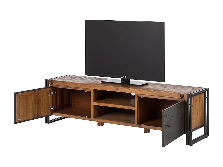 Meuble TV 180 cm 2 tiroirs 2 niches bois acacia et métal - WORKSHOP