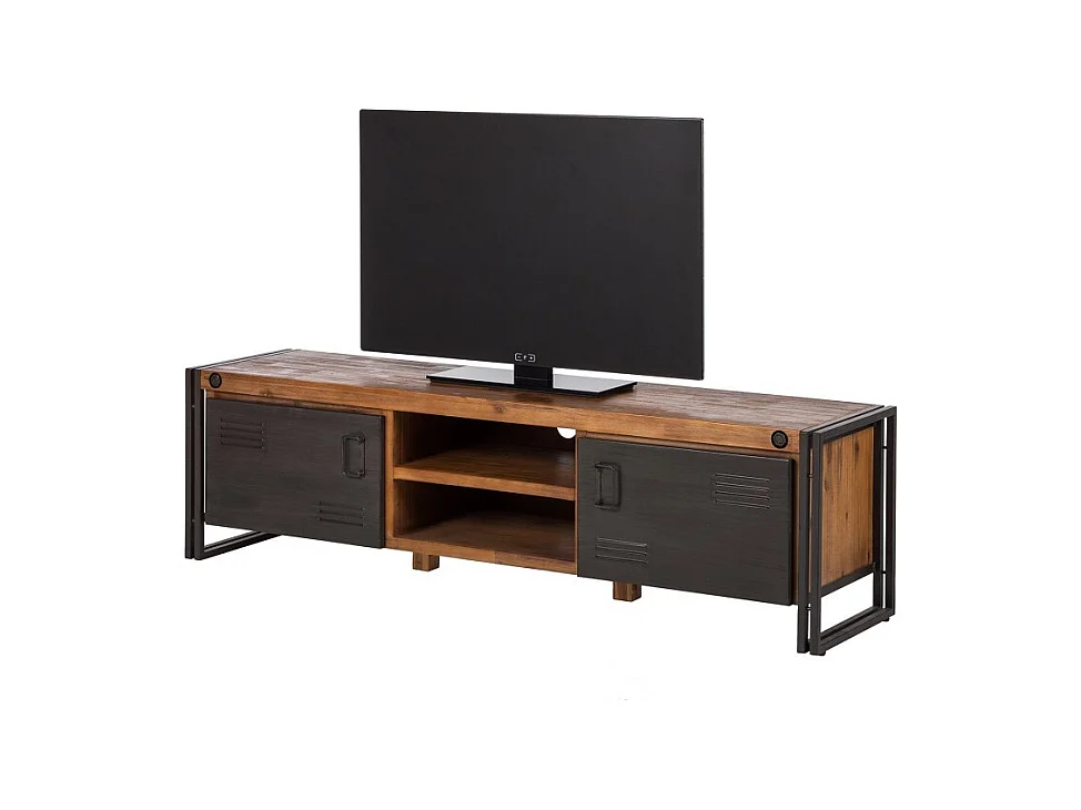 Meuble TV 180 cm 2 tiroirs 2 niches bois acacia et métal - WORKSHOP