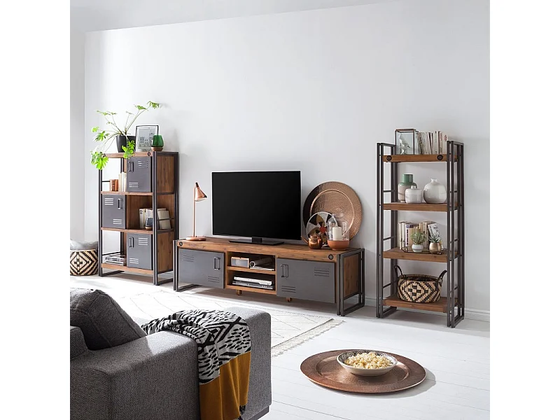 Meuble TV 180 cm 2 tiroirs 2 niches bois acacia et métal - WORKSHOP