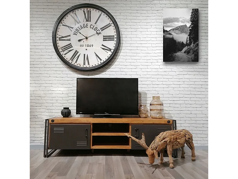 Meuble TV 180 cm 2 tiroirs 2 niches bois acacia et métal - WORKSHOP