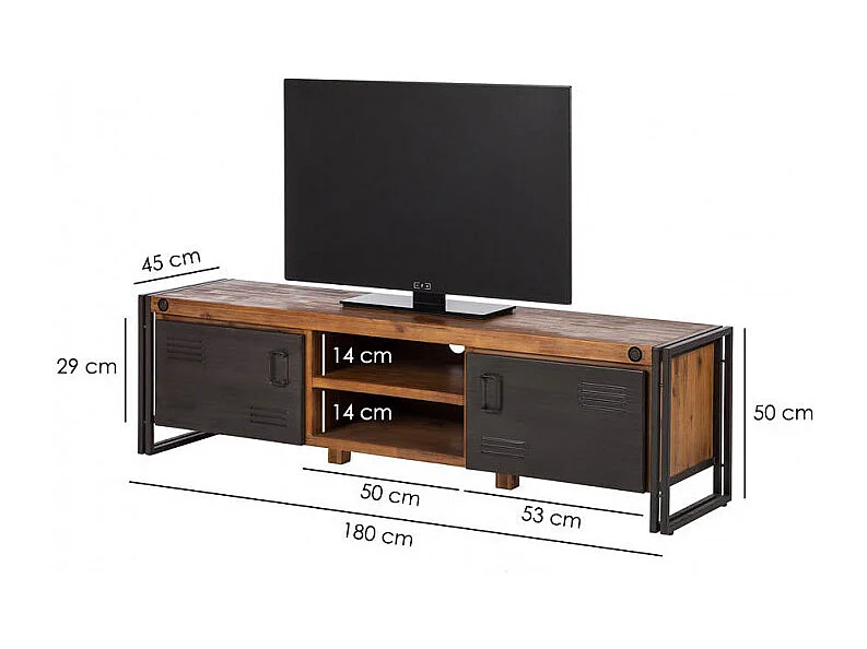 Meuble TV 180 cm 2 tiroirs 2 niches bois acacia et métal - WORKSHOP