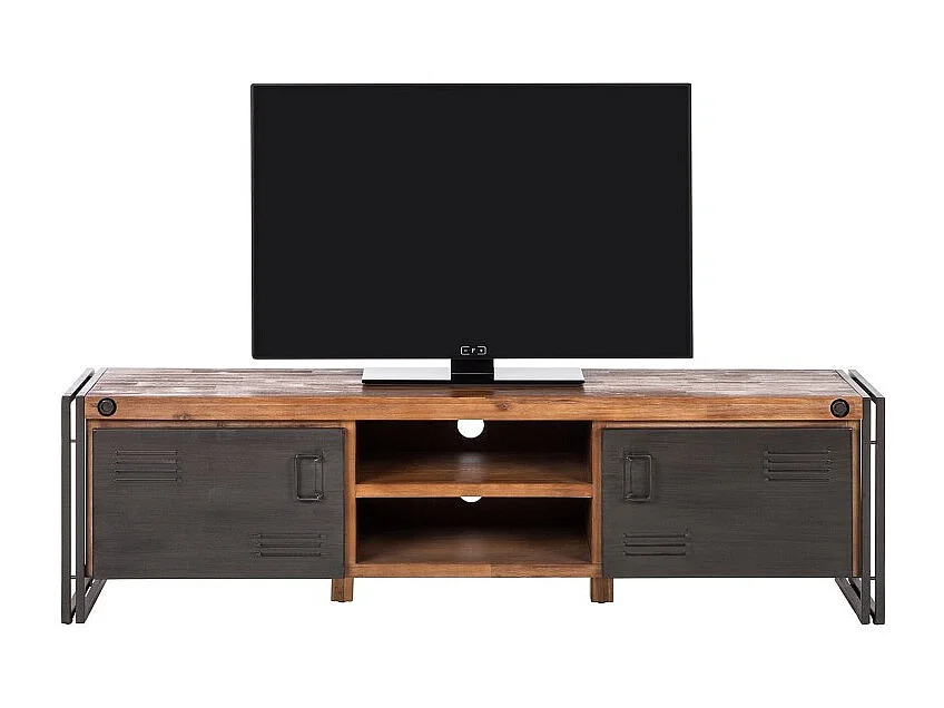 Meuble TV 180 cm 2 tiroirs 2 niches bois acacia et métal - WORKSHOP