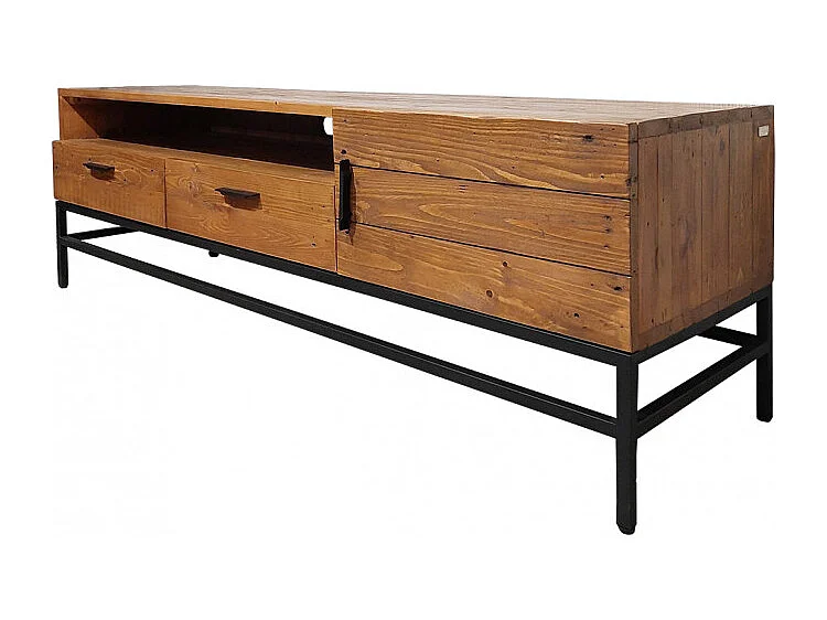 Meuble TV en bois rustique et métal noir 2 tiroirs - FACTORY