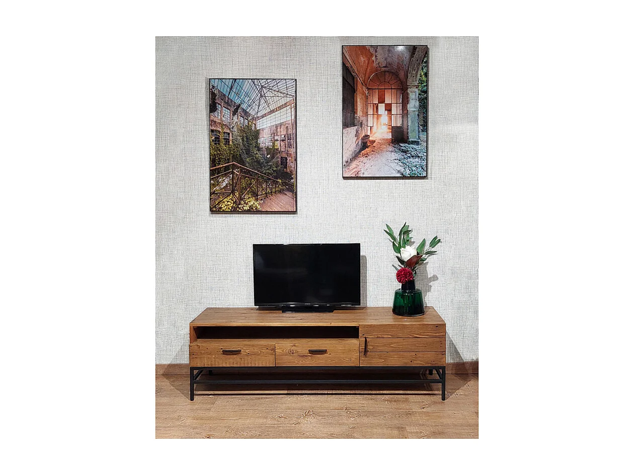 Meuble TV en bois rustique et métal noir 2 tiroirs - FACTORY
