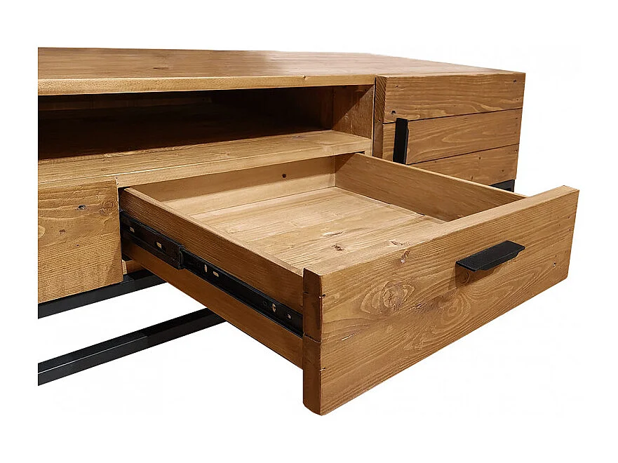 Meuble TV en bois rustique et métal noir 2 tiroirs - FACTORY