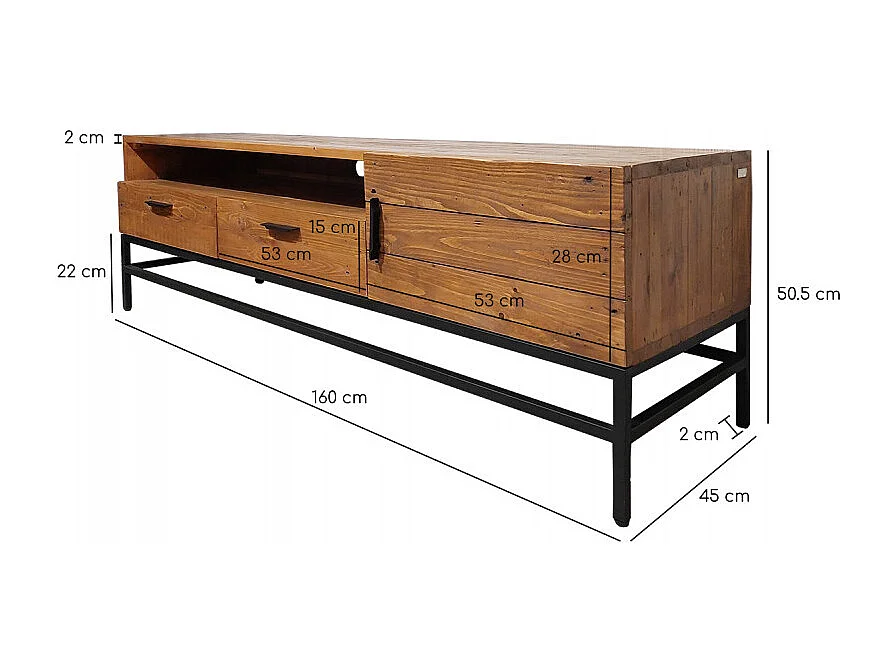 Meuble TV en bois rustique et métal noir 2 tiroirs - FACTORY