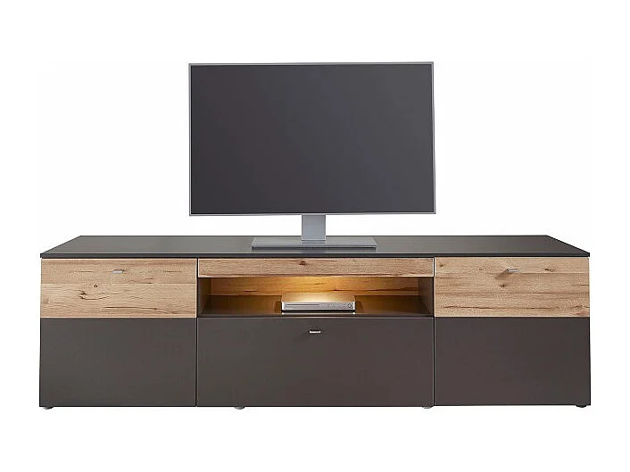 Meuble TV 210 cm 2 portes 1 tiroir décor chêne et gris - MARBELLA