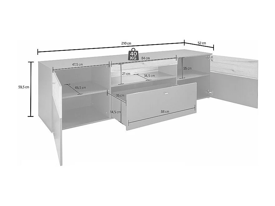 Meuble TV 210 cm 2 portes 1 tiroir décor chêne et gris - MARBELLA