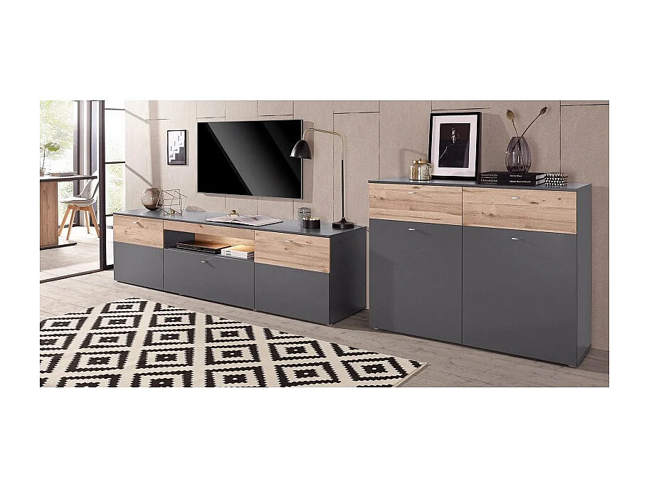Meuble TV 210 cm 2 portes 1 tiroir décor chêne et gris - MARBELLA