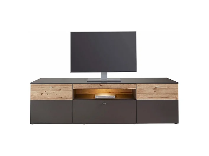 Meuble TV 210 cm 2 portes 1 tiroir décor chêne et gris - MARBELLA