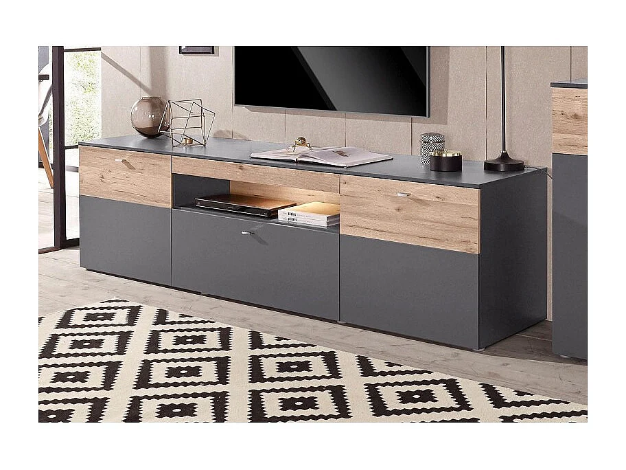 Meuble TV 210 cm 2 portes 1 tiroir décor chêne et gris - MARBELLA