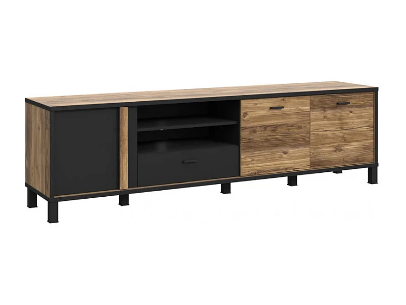 Meuble TV 200 cm 3 portes décor bois et noir pieds noir - CELIA