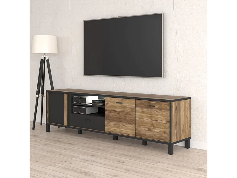 Meuble TV 200 cm 3 portes décor bois et noir pieds noir - CELIA